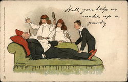 Three Youngsters with Paddles Talking to Older Gentleman Reclining Postcard