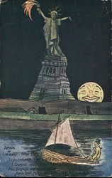 Man in Boat Near Statue of Liberty and Smiling Full Moon Comic, Funny Postcard Postcard Postcard