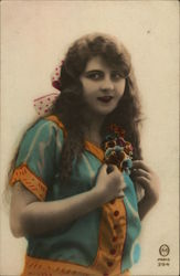 Young Woman with Long Dark Hair Holding Flowers Postcard