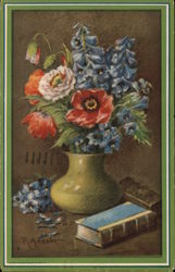 Blue, Red and Pink Flowers in Green Vase Blue, Red and Pink Flowers in Green Vase