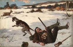 Man With Rifle Laying on Ground as Dog Chases Deer Man With Rifle Laying on Ground as Dog Chases Deer