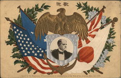 Bust of Man Set Beneath Gold Eagle and Flags Postcard