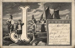 Letter "J" Young Girls and Women at the Shore, Looking, with Boats in Background Postcard