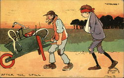 Two Men Walking with Wheelbarrow Carrying Bent Up Bicycle Postcard