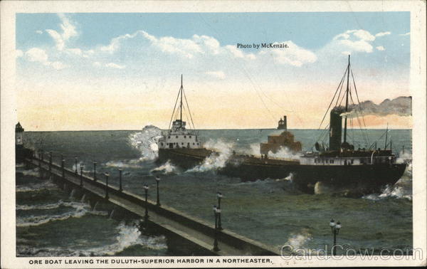 Ore Boat Leaving the Duluth-Superior Harbor in a Northeaster