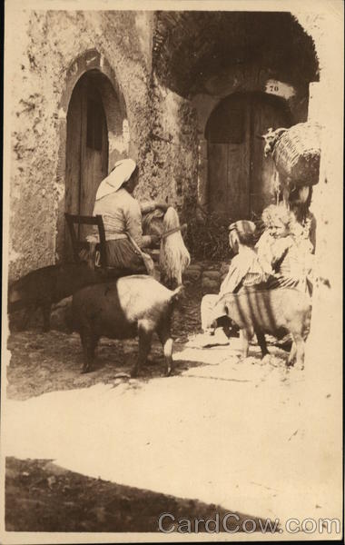 Woman Working While Children with Animals Watch Taormina Sicily Italy