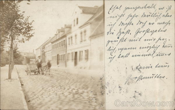 Man with Mule-Drawn Cart on Cobblestone Street Near Houses Germany