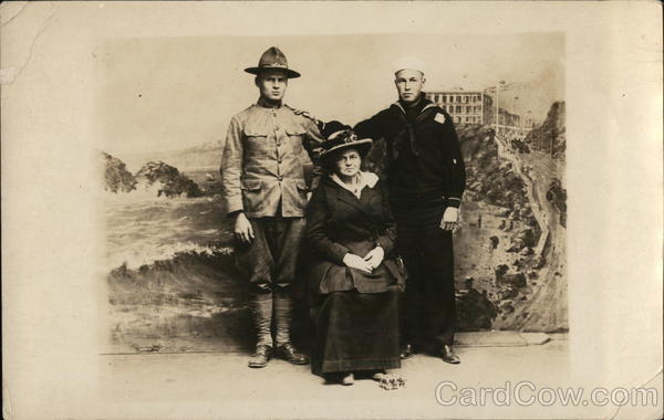 A Soldier and a Sailor Posing with an Older Woman Military