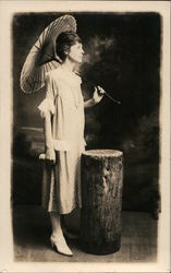 Womanin Tea-Length Dress Holding Parasol Postcard