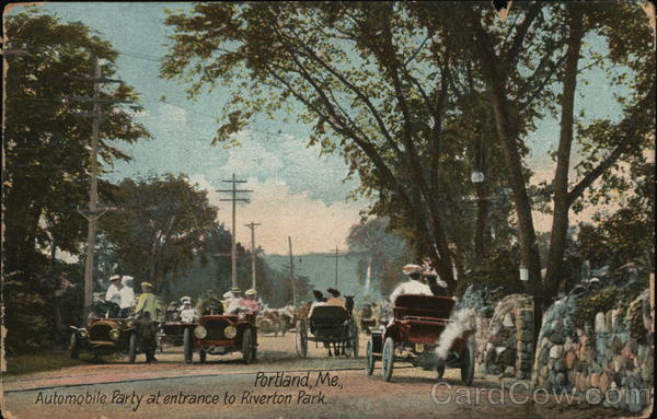 Automobile Party at Entrance to Riverton Park Portland Maine
