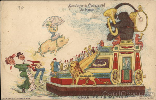 Parade Float with Winged Lion, Flying Pig, Bear Playing Horn Nice France