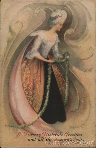 Woman Wearing Powdered Wig Holding Green Garland Ellen Clapsaddle