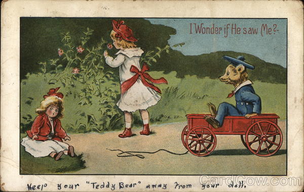 Girl with Doll and Teddy Bear in Wagon Children