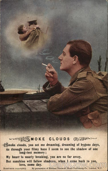 Soldier Smoking Cigarette, Has Vision of Embracing a Woman