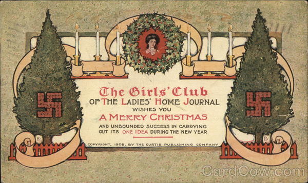 Two Christmas Trees, Woman's Face Framed by Wreath