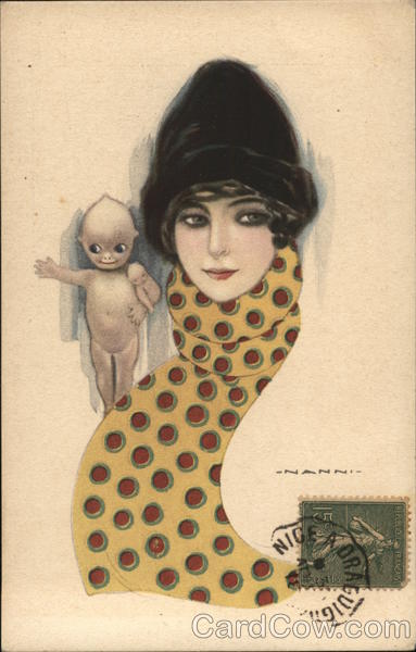Woman Wearing Fur Cap, Polka-Dot Scarf - Kewpie on Shoulder