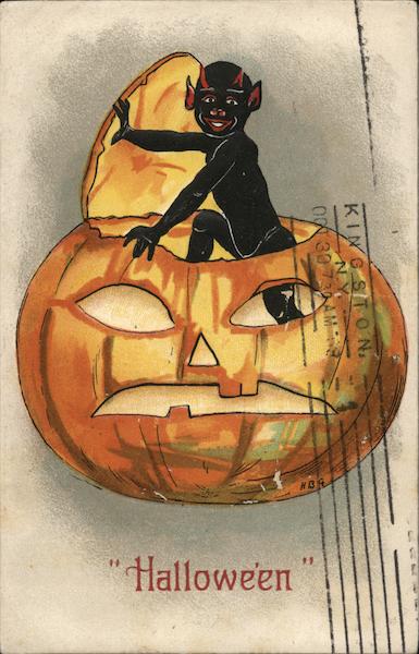 Black Devil Coming out Top of Jack-o-Lantern Halloween