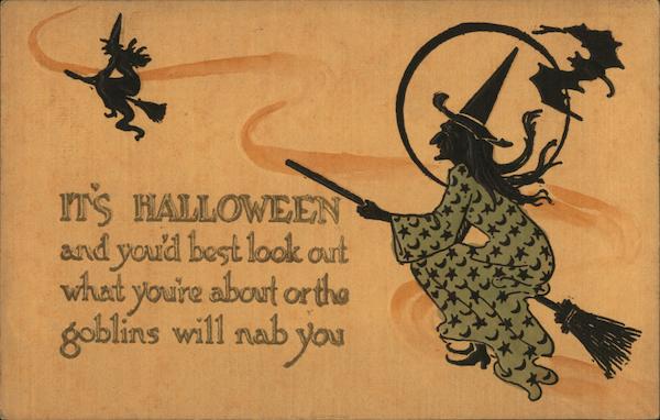Embossed Two Silhouettes of Witches Riding Brooms Halloween
