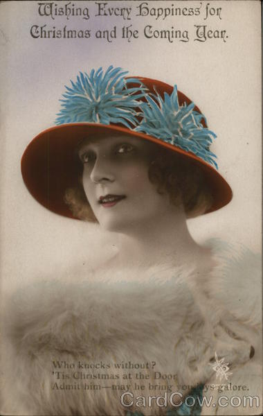 Woman in Red Hat with Fur Around Shoulders Women