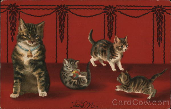 Mother Cat and Three Kittens, One Playing with Ball