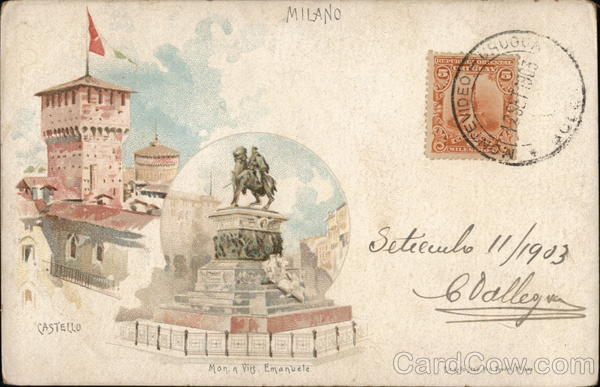 Castle with Turret, Monument of Man on Horse Milan Italy