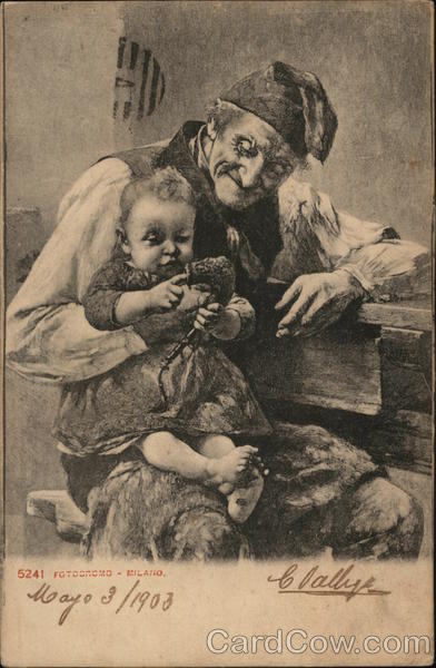 Elderly Man Holding Baby Playing with Pipe Children