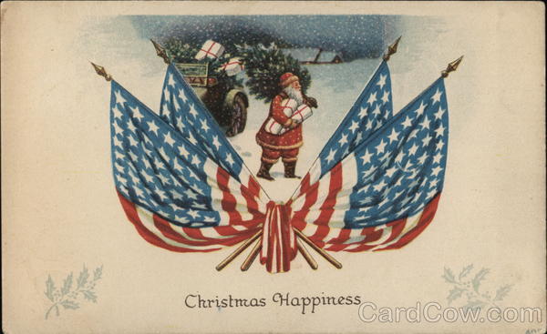 Santa Walking with Gifts Through Snow Framed by Flags