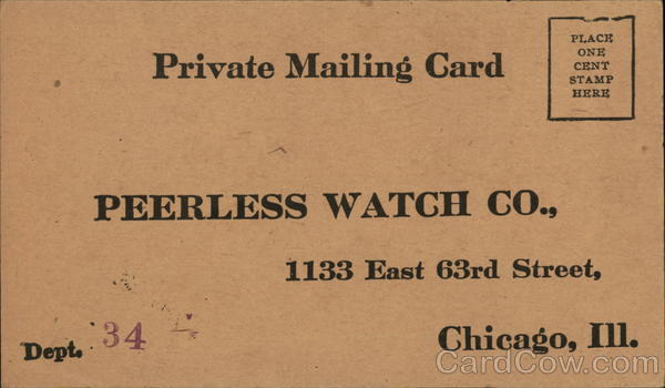 Correspondence Card from Peerless Watch Co. Advertising