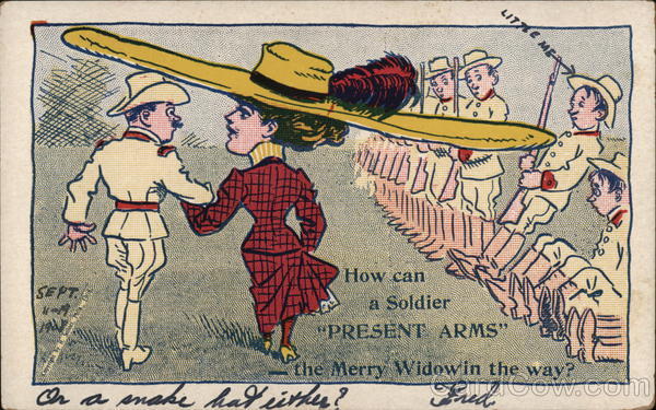 Soldier Walking with Woman Wearing Hat with Huge Brim