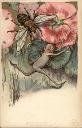 Tiny Elf in Pink Flower is Frightened by Bee Postcard