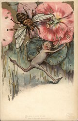 Tiny Elf in Pink Flower is Frightened by Bee Samuel L. Schmucker  Postcard Postcard