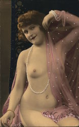 Nude Woman Seated with Strands of Pearls, Sheer Pink Scarf Postcard