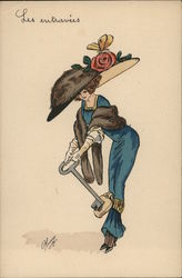 Well-Dressed Woman Locking her Legs Together with Giant Key and Big Hat Postcard