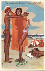 Man Holding Sheer Fabric Around Woman Getting Dressed on Beach Swimsuits & Pinup Postcard Postcard