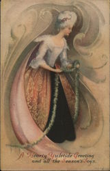 Woman Wearing Powdered Wig Holding Green Garland Christmas Postcard Postcard