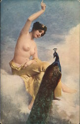 Woman with Yellow Draping Seated Near Peacock Women Postcard Postcard