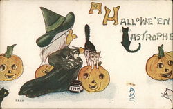Witch Near Jack-o-Lanterns Painting Cat Black Halloween Postcard Postcard