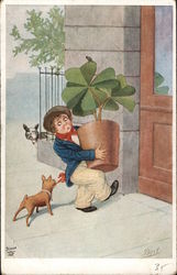 Leprechaun Carrying Potted Shamrocks as Dog Tugs His Kerchief Leprechaun Carrying Potted Shamrocks as Dog Tugs His Kerchief