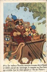 Pinocchio on Carriage Seat Between Two Men Postcard