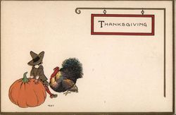 Pilgrim Leaning on Large Pumpkin Near a Turkey Postcard