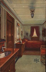 Sleeping Chamber with Wood Furniture and Red Accents Interiors Postcard Postcard