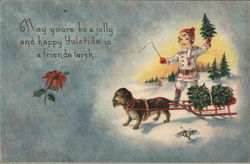 Yuletide Greeting with Child & a Dog pulling a Sled Children Postcard Postcard