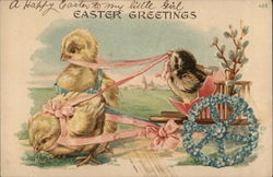 Two Yellow Chicks with Pink Ribbons, Brown Chick in Wagon With Chicks Postcard Postcard