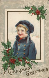 Christmas Greetings - A Young Boy in Blue with Holly Accents Postcard