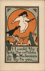 Rare Rust Craft Halloween Postcard Girl Witch on Broom F. W. R. Postcard Postcard