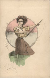 Woman with Fishing Pole Raised Postcard