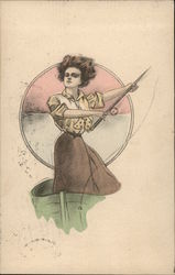 Woman with Fishing Pole Raised Postcard Postcard