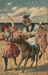 Lady on Horse Near Young People in Swimsuits at Shore Postcard