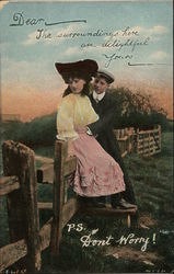 Man with Hands Around Waist of Woman Seated on Fence Man with Hands Around Waist of Woman Seated on Fence