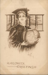 Woman in Cap and Gown Holding Jack-o-Lantern Halloween Postcard Postcard Postcard